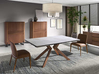 Tavolo da pranzo rettangolare allungabile in marmo porcellanato e acciaio effetto noce