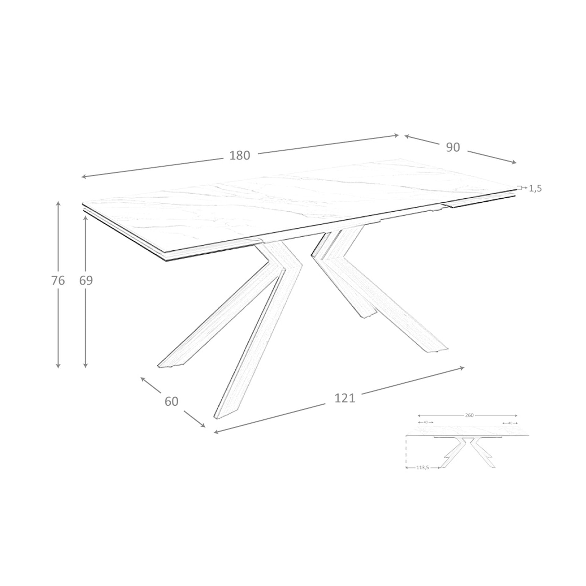Tavolo da pranzo rettangolare allungabile in marmo porcellanato e acciaio effetto noce