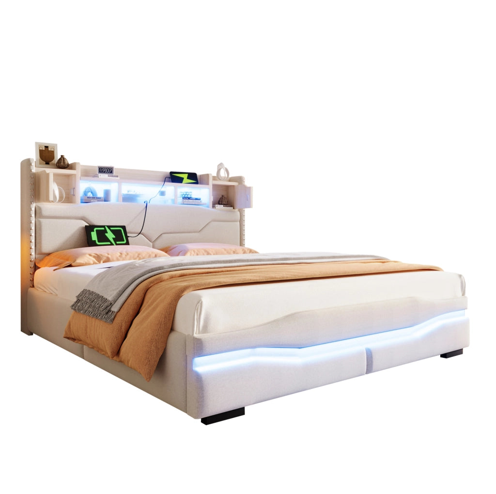 Letto matrimoniale 160x200 cm con contenitore idraulico, LED e prese USB/C