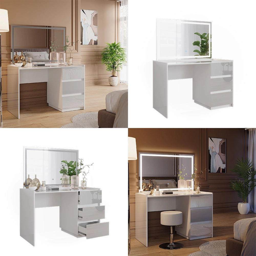 Vicco Tavolo da toilette Bianco lucido 120 cm con specchio a LED