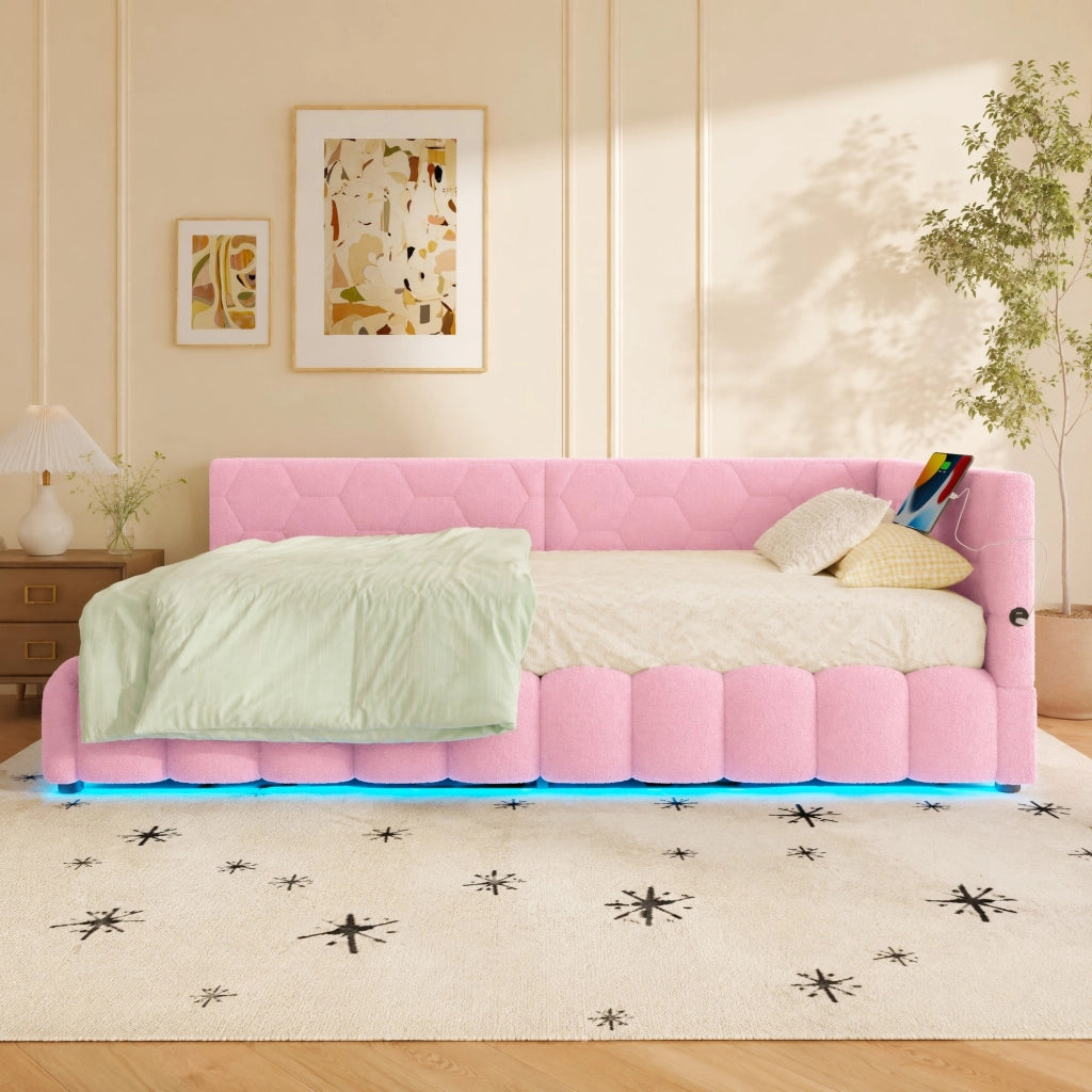 Letto daybed 90x200 cm rosa con LED, USB-C e contenitore