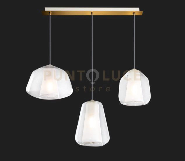 SOSPENSIONE OTTONE SAT. 3 LUCI RETTANGOLARE VETRI ALPHA + BETA + GAMMA TRASPARENTI 1176OS-S3 R ABG-TR