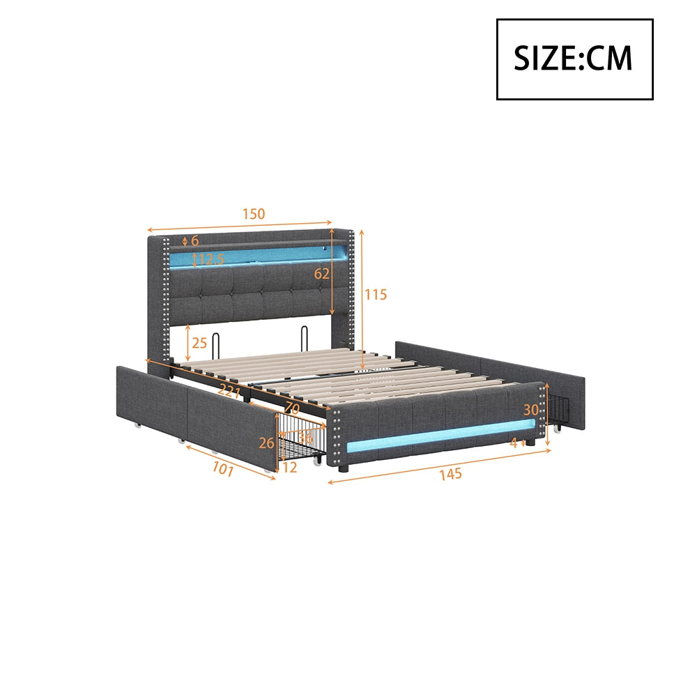 Letto imbottito 140x200 cm - Xylo - LED, USB, 4 cassetti grigio