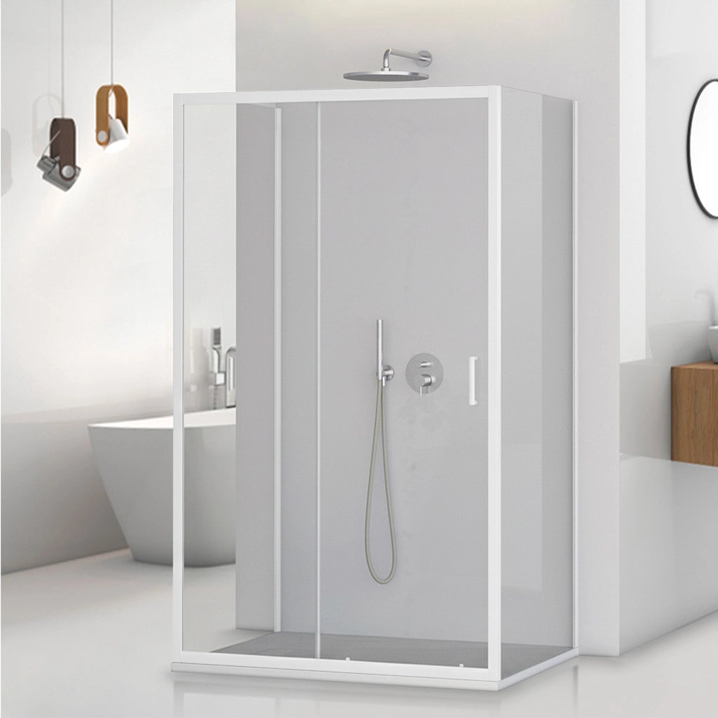 Box doccia 3 lati 80x100x80 in vetro temperato trasparente scorrevole con profili bianchi Tay