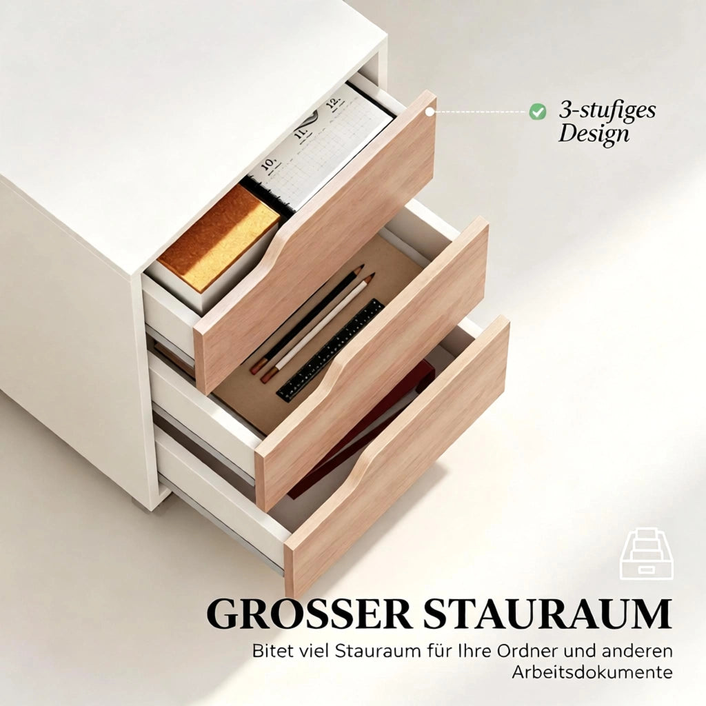 CASSETTIERA con ruote 40x50x57,5 cm in MDF bianco e rovere con 3 cassetti
