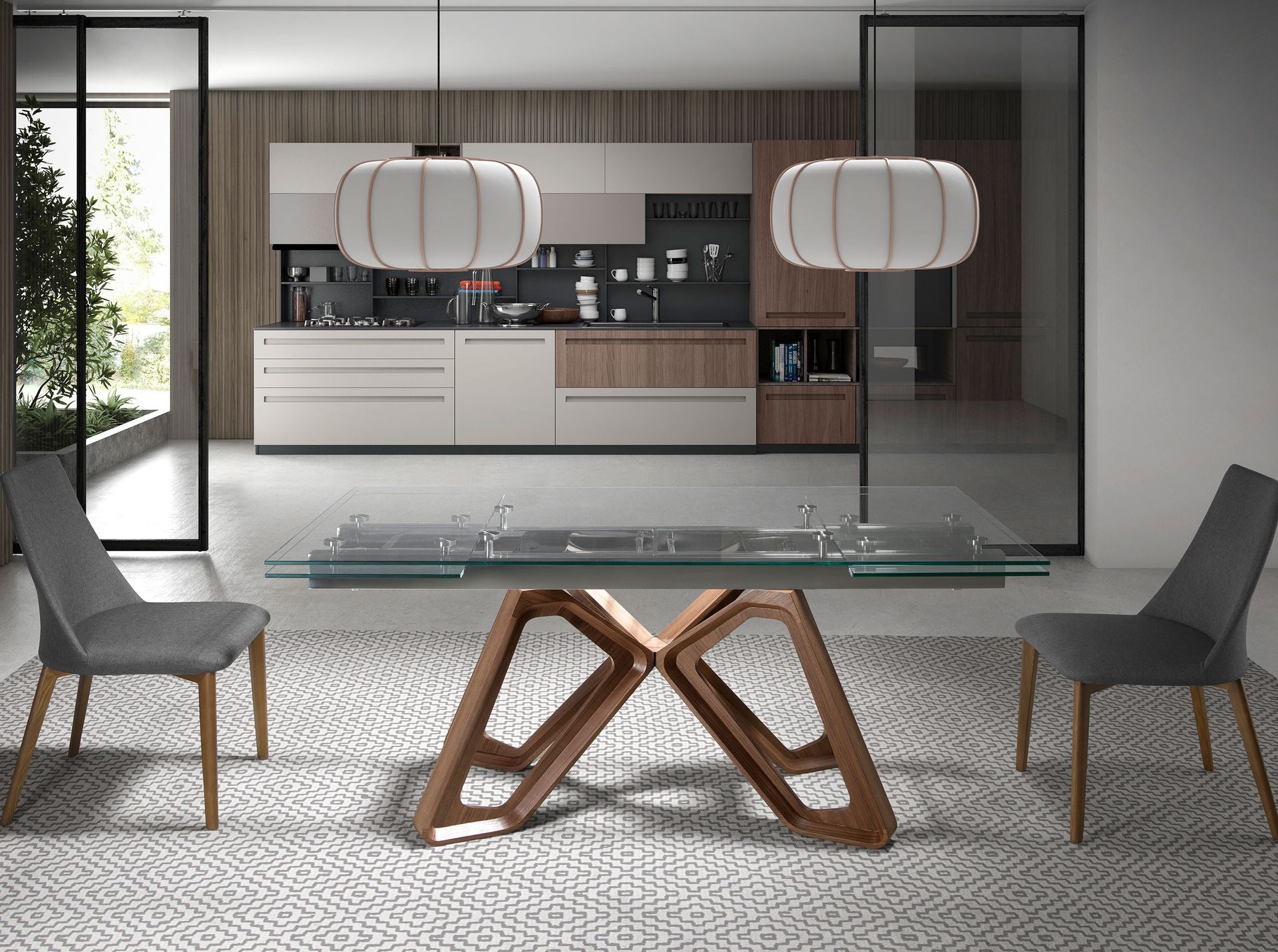 Tavolo da pranzo allungabile rettangolare vetro temperato e noce