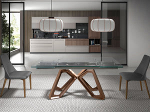 Tavolo da pranzo allungabile rettangolare vetro temperato e noce