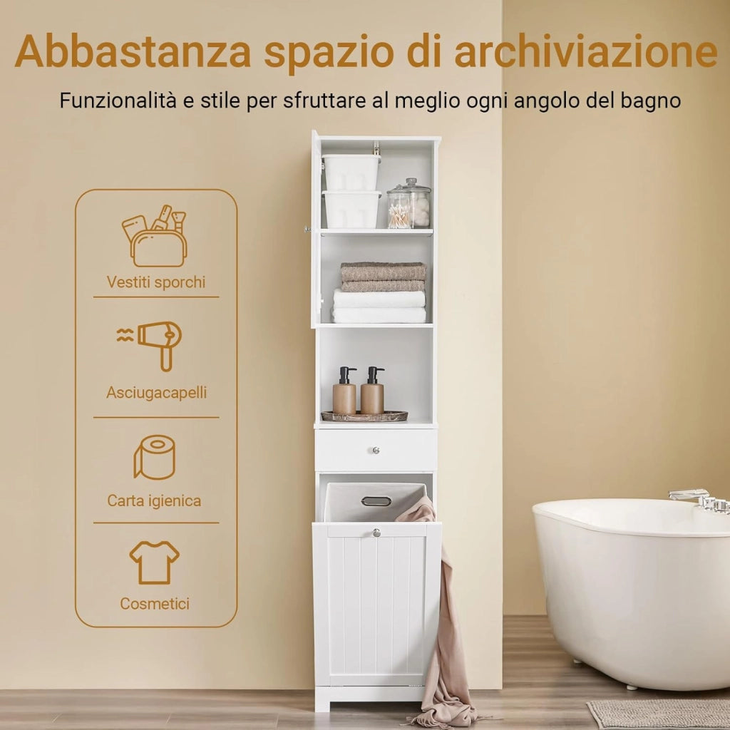 Mobile Bagno Salvaspazio Alto con Cesto Portabiancheria 45L – Colonna Bagno Stretto 40x38x180cm con Cassetto in MDF, Ripiano Aperto e Anta Mobiletto per Lavanderia o WC BZR216-W