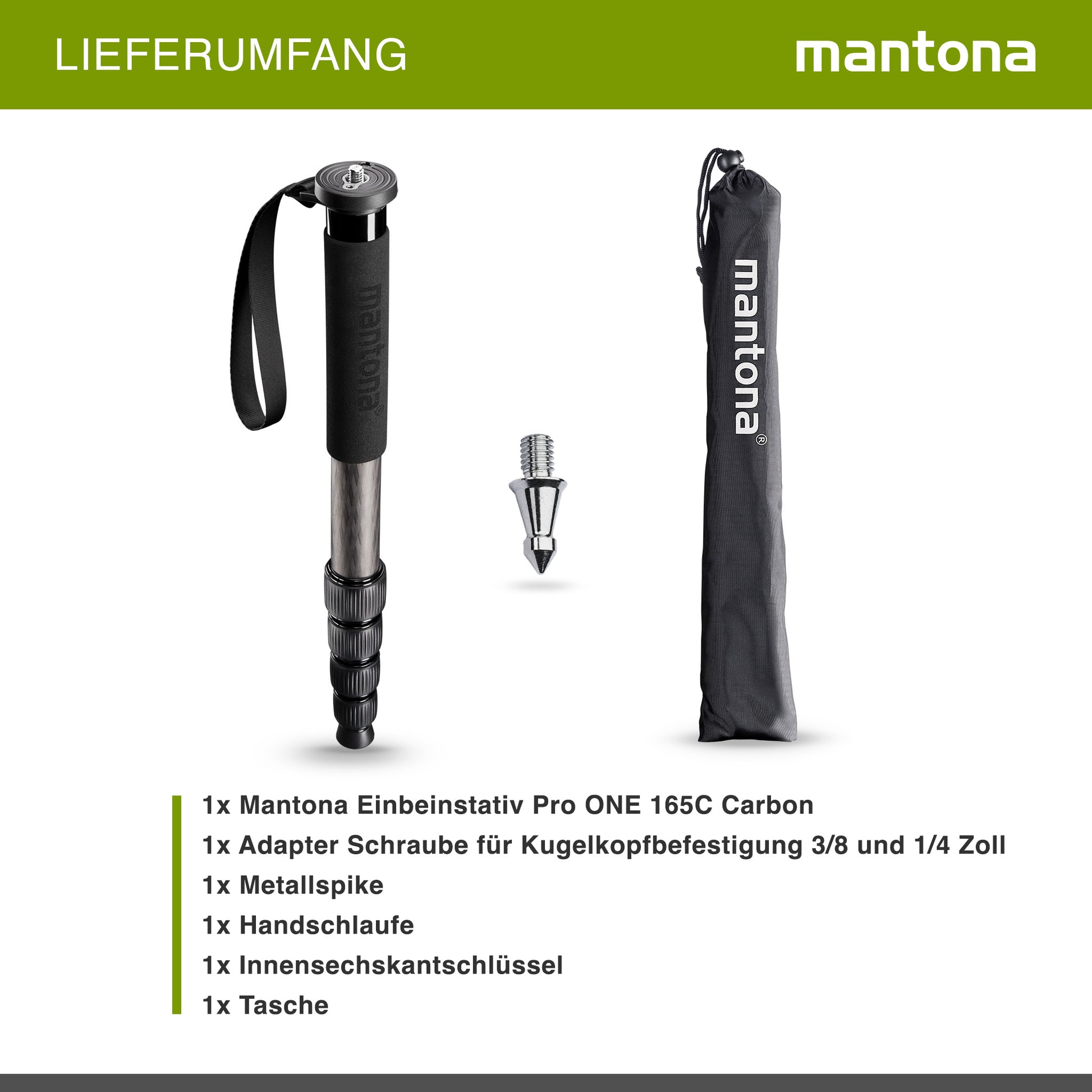 mantona Pro One monopiede in fibra di carbonio ultraleggera I altezza regolabile da 44 cm a 165 cm I pratico rivestimento in schiuma e cinghia da polso con accessori I colore: nero