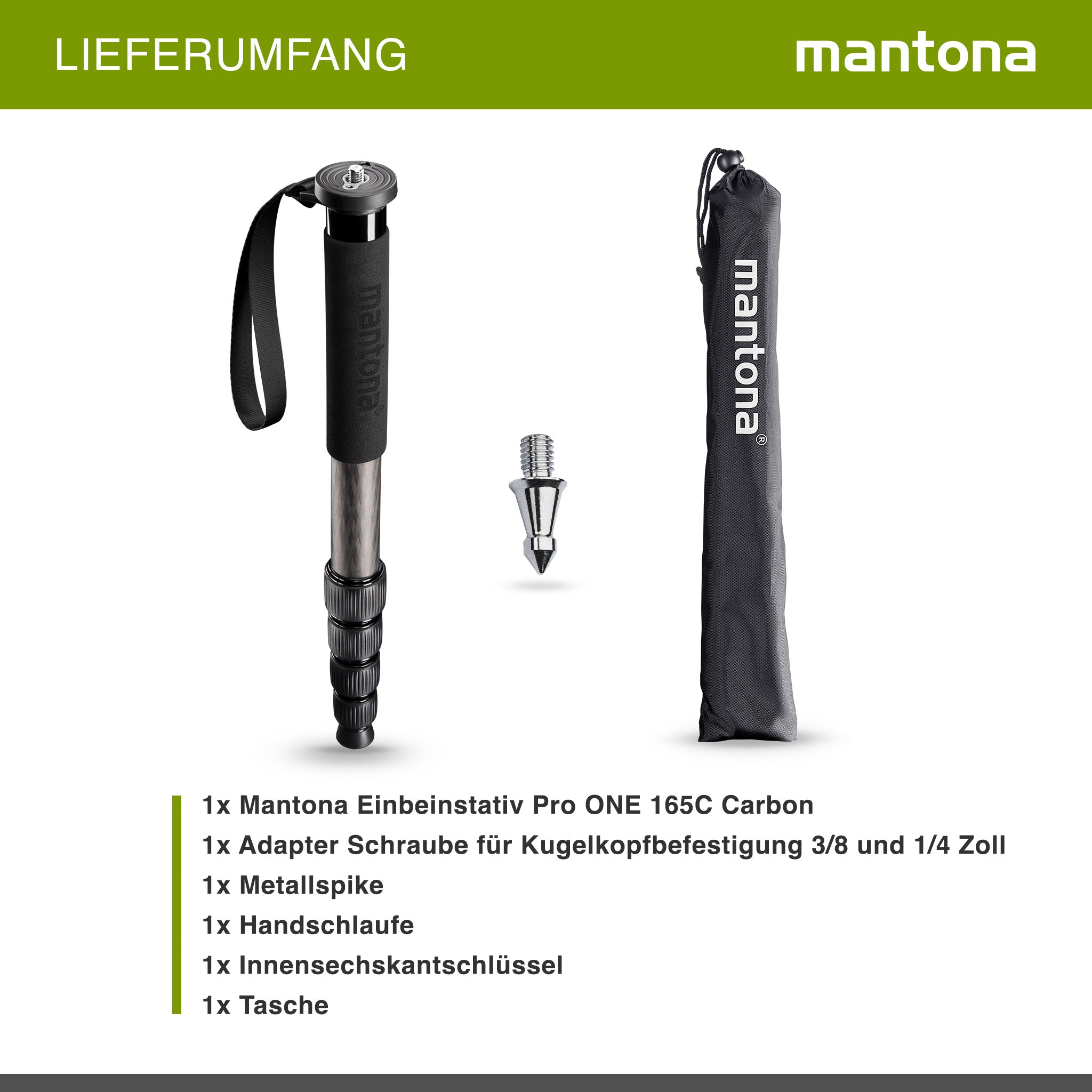 mantona Pro One monopiede in fibra di carbonio ultraleggera I altezza regolabile da 44 cm a 165 cm I pratico rivestimento in schiuma e cinghia da polso con accessori I colore: nero