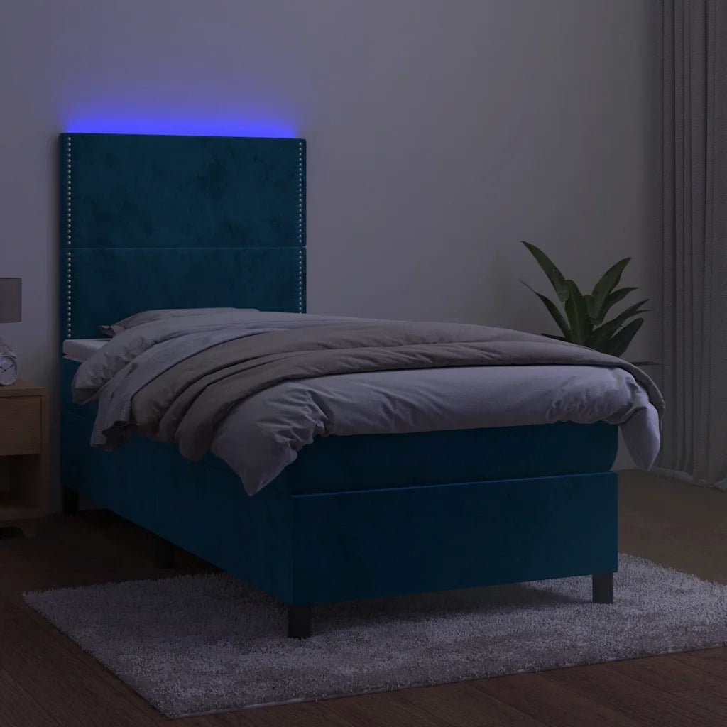 Letto a Molle con Materasso e LED Blu Scuro 90x200cm in Velluto 3136045