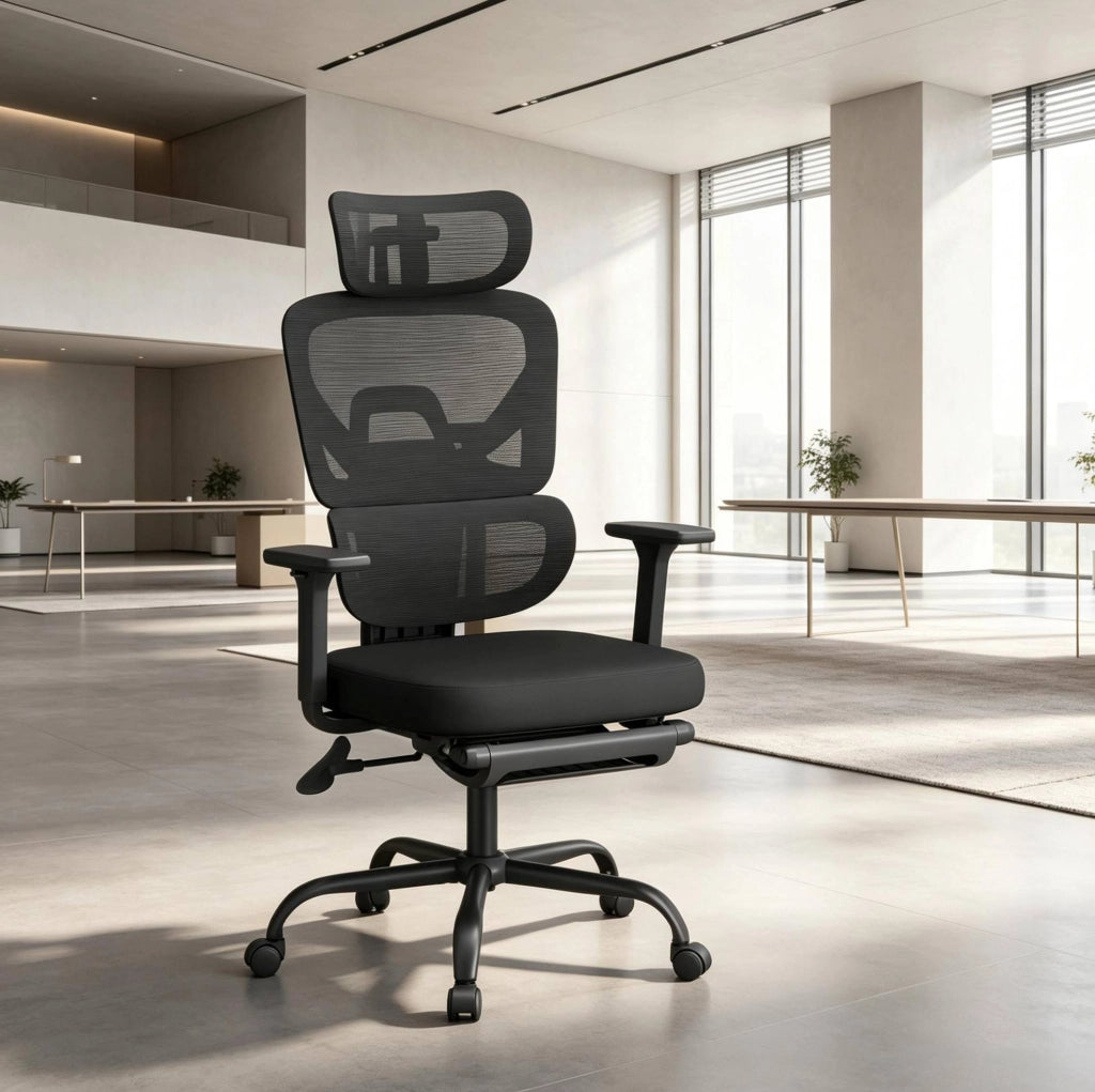 Sedia da Ufficio Ergonomica Nera con Poggiapiedi e Supporto 150 kg