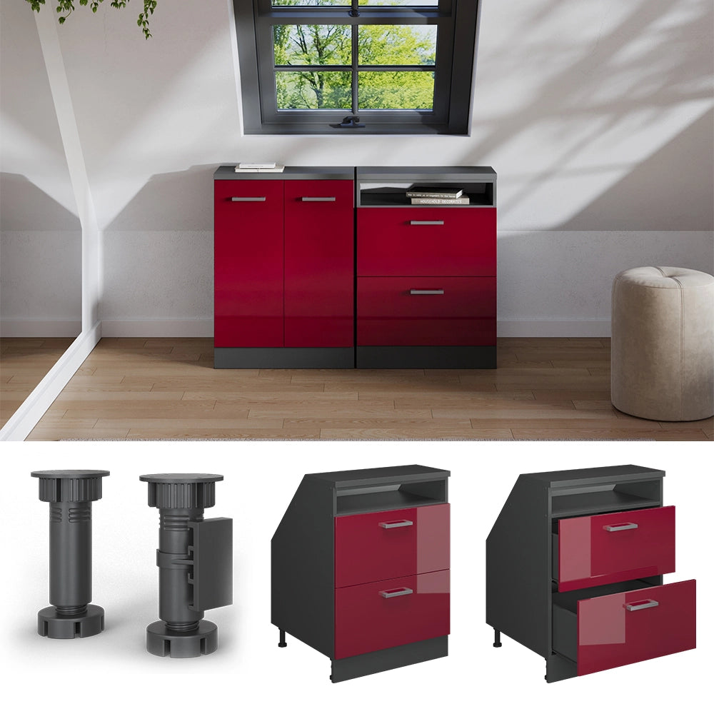 Mobile sottotetto Rion Rosso lucido/Antracite 60 x 83.8 cm con 2 cassetti, carcassa 60 cm profondità Vicco