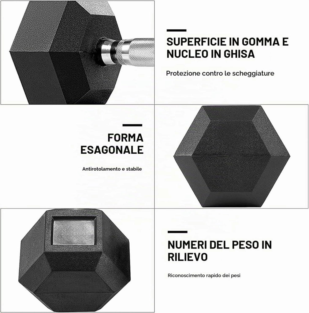 Set di 2 manubri esagonali, 10 – 30 kg, con rivestimento antiscivolo, impugnatura ergonomica, set di manubri corti in gomma polimerica, per allenamento aerobico
