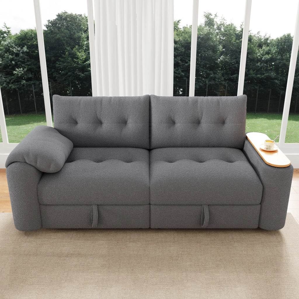 Divano modulare compatto con contenitore poggiatesta e tavolino girevole in teddy grigio 207,5 × 80 × 87 cm