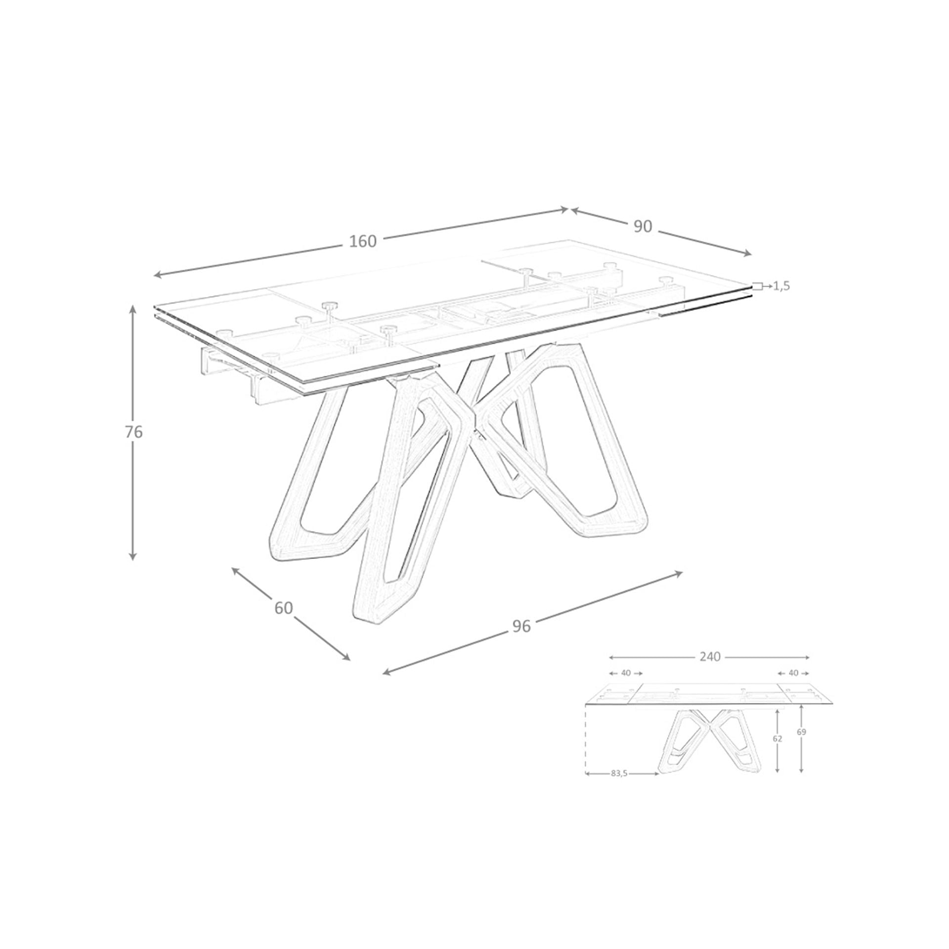 Tavolo da pranzo allungabile rettangolare vetro temperato e noce