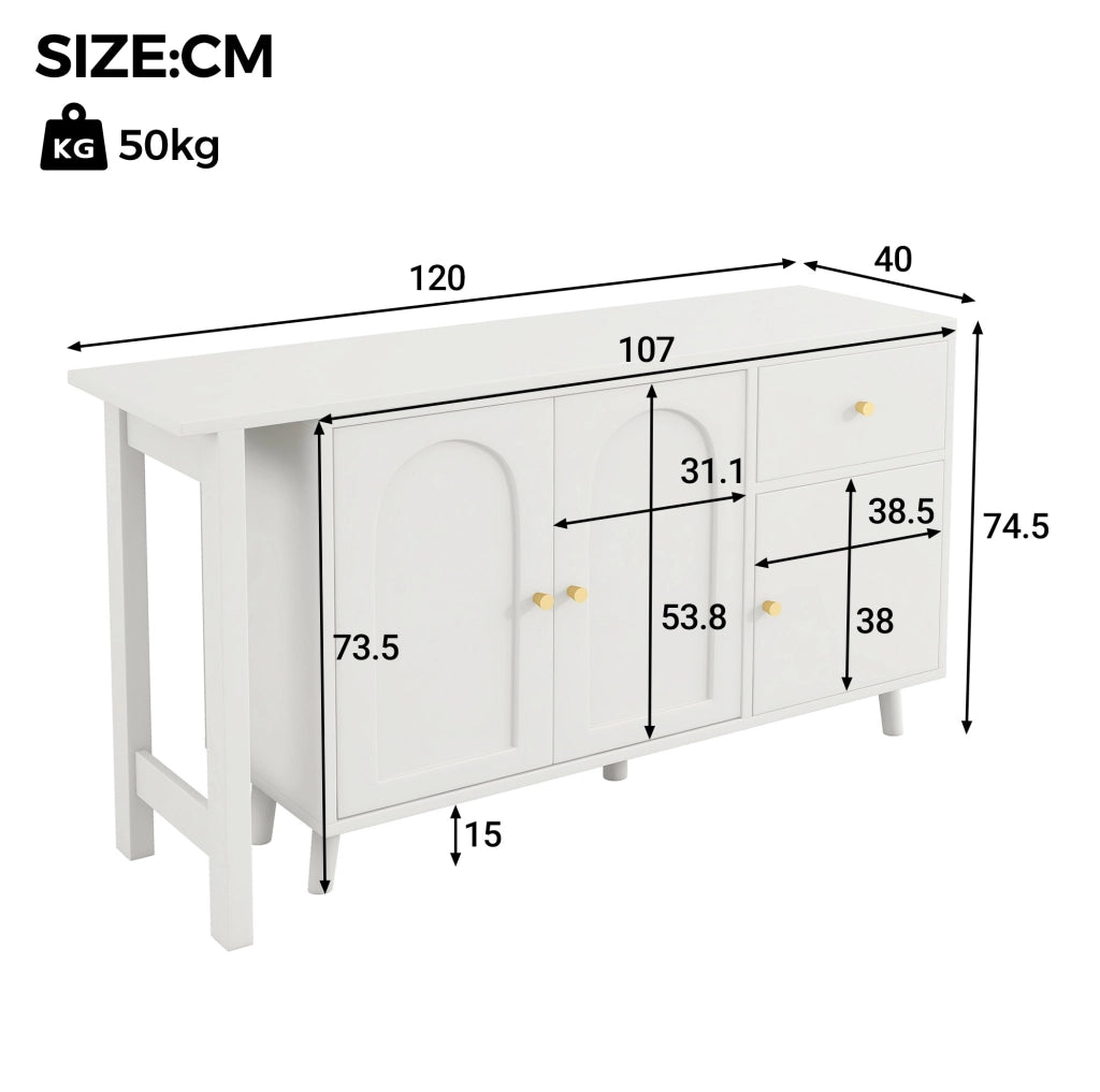 Scrivania 2 in 1 120x40x74.5 cm girevole con 3 ante e 1 cassetto in pannello truciolare bianco