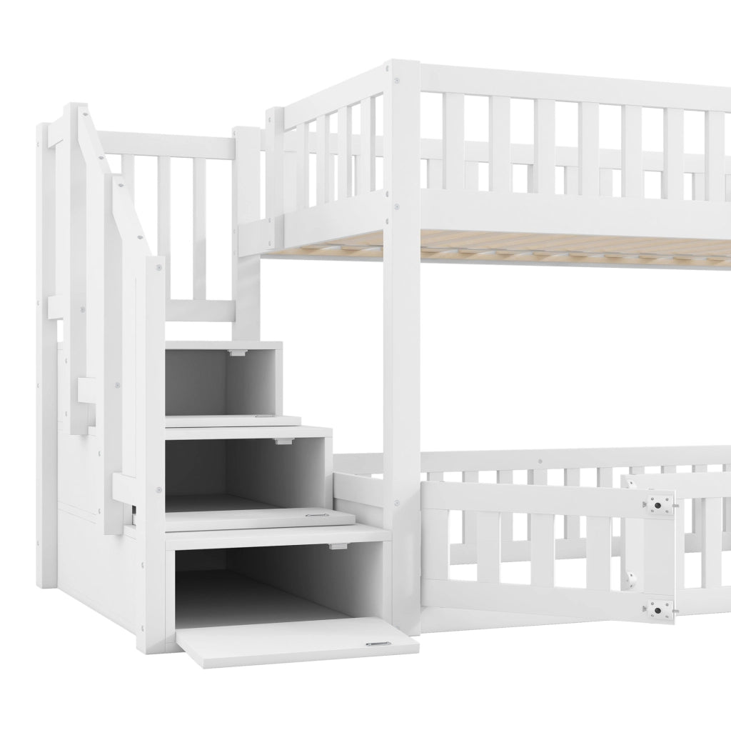 Letto a castello 90x200 cm con scala; sponde e portello in MDF e pino bianco