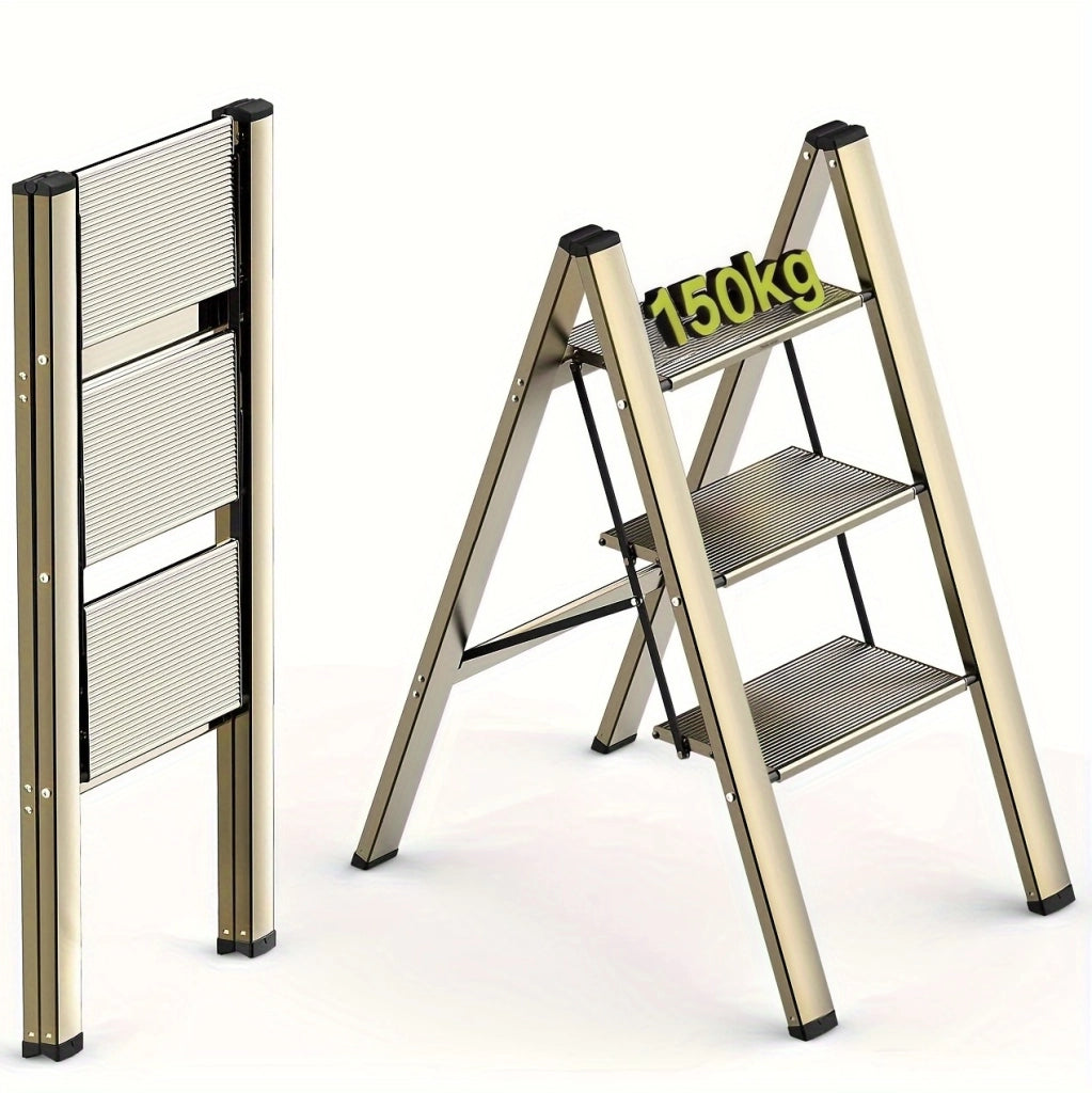 Scala pieghevole ULEVR a 3 gradini in alluminio, 65x45x82 cm, pedane antiscivolo, oro