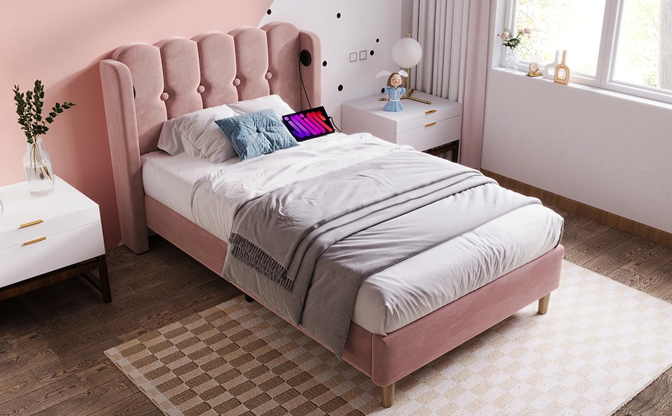 DESMIU Letto Singolo 90 × 200 cm con USB e Type-C, testiera imbottita, materasso incluso, velluto rosa
