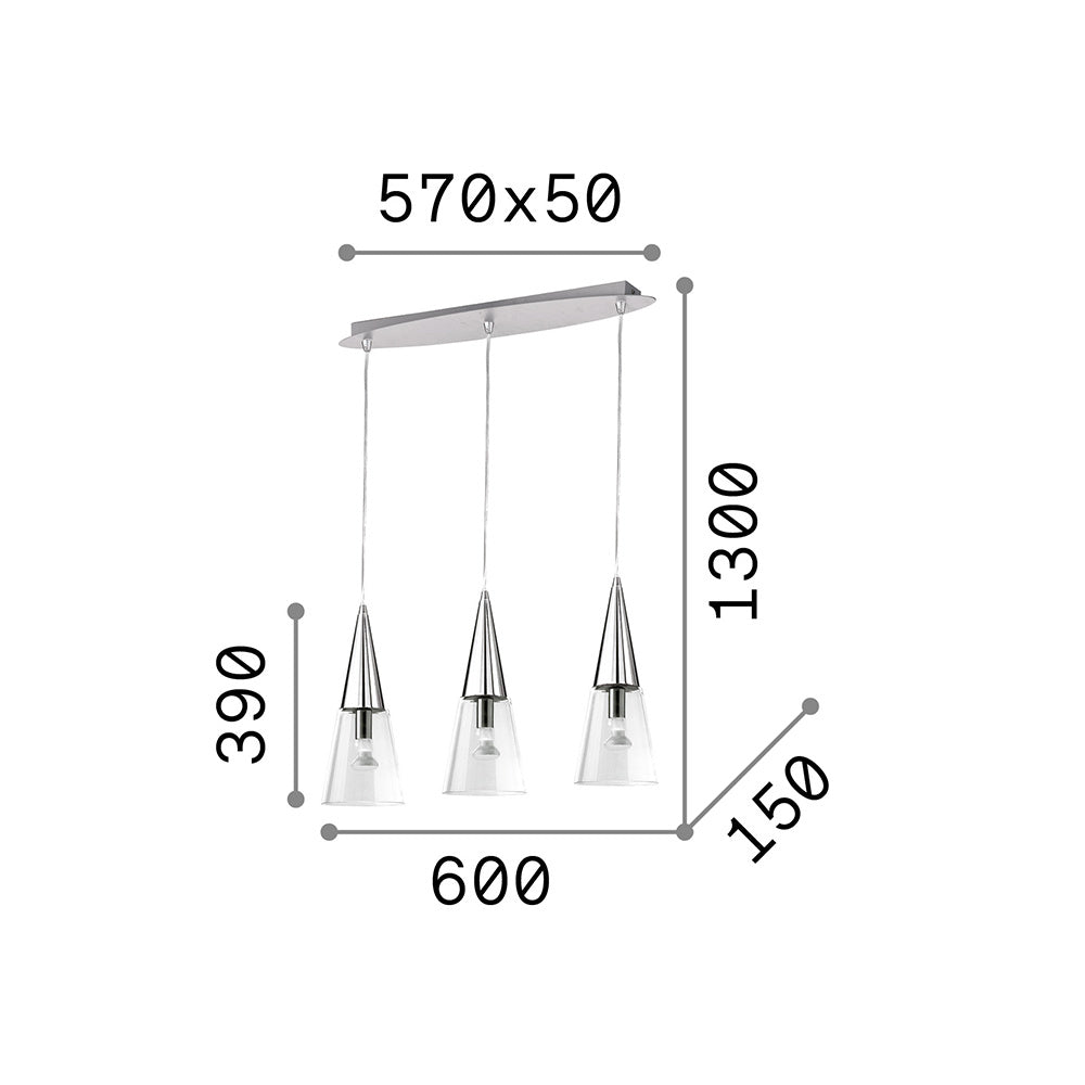 Sospensione Moderna Cono Metallo Cromo 3 Luci E14