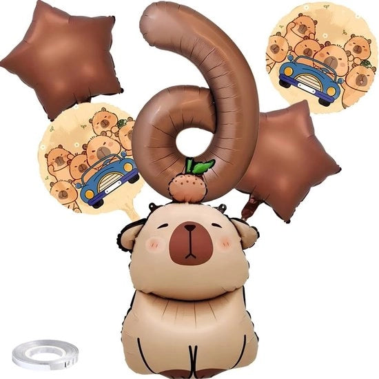 Set di decorazioni per compleanni per bambini con palloncini in tema caffè e grande pallone n. 8 con tema capibara.