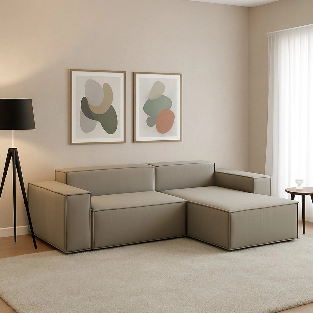 Divano fisso Amuleto, Divano componibile a 2 posti con penisola destra, Made in Italy, SofÒ  moderno in tessuto, Cm 220x170h70, Tortora