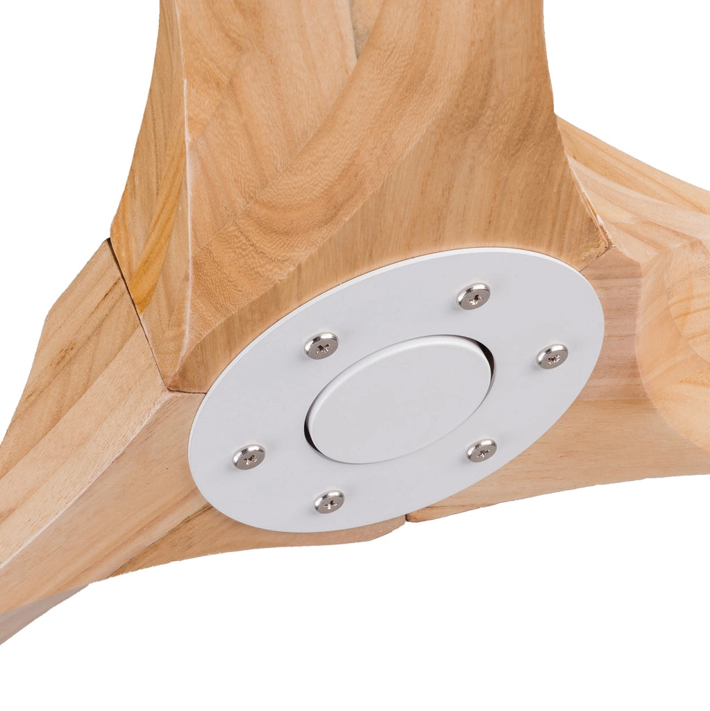 Ventilatore a soffitto senza luce in legno e metallo, bianco e naturale, con telecomando