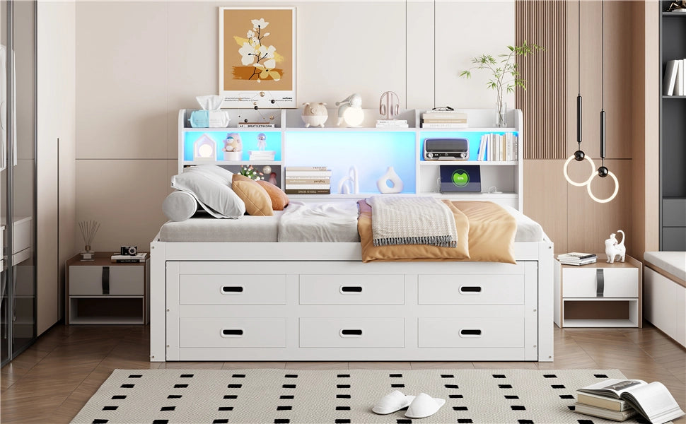 DESMIU Letto divano 90 × 200 cm 1 posto con LED, 3 cassetti, USB e Type-C, senza materasso, bianco