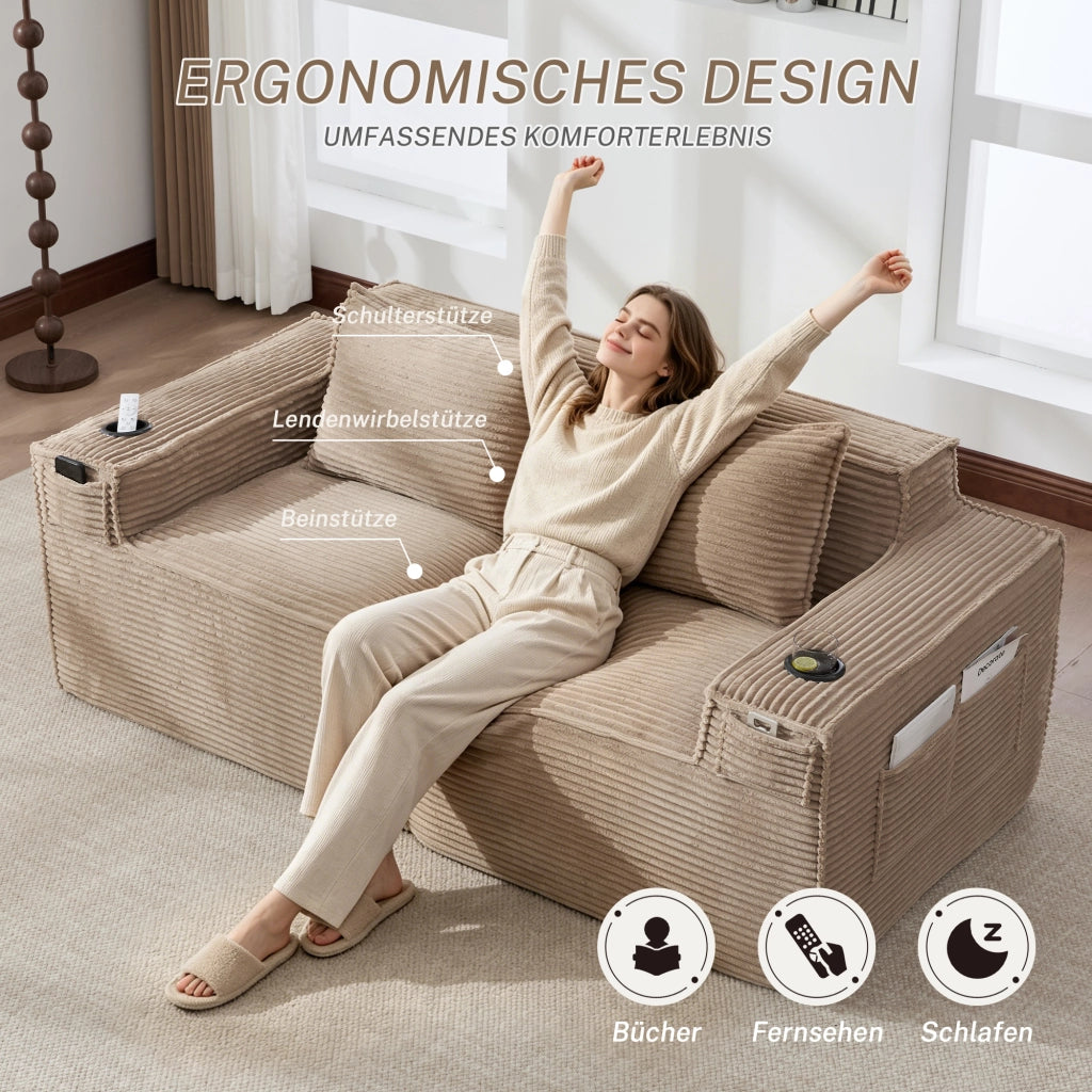Divano modulare a 2 posti con portabicchieri e tasche laterali in velluto a coste khaki 188 × 90 × 75 cm