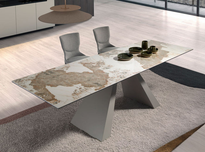 Tavolo da pranzo rettangolare allungabile in marmo porcellanato e acciaio grigio tortora