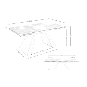 Tavolo da pranzo rettangolare allungabile in marmo porcellanato e acciaio grigio tortora