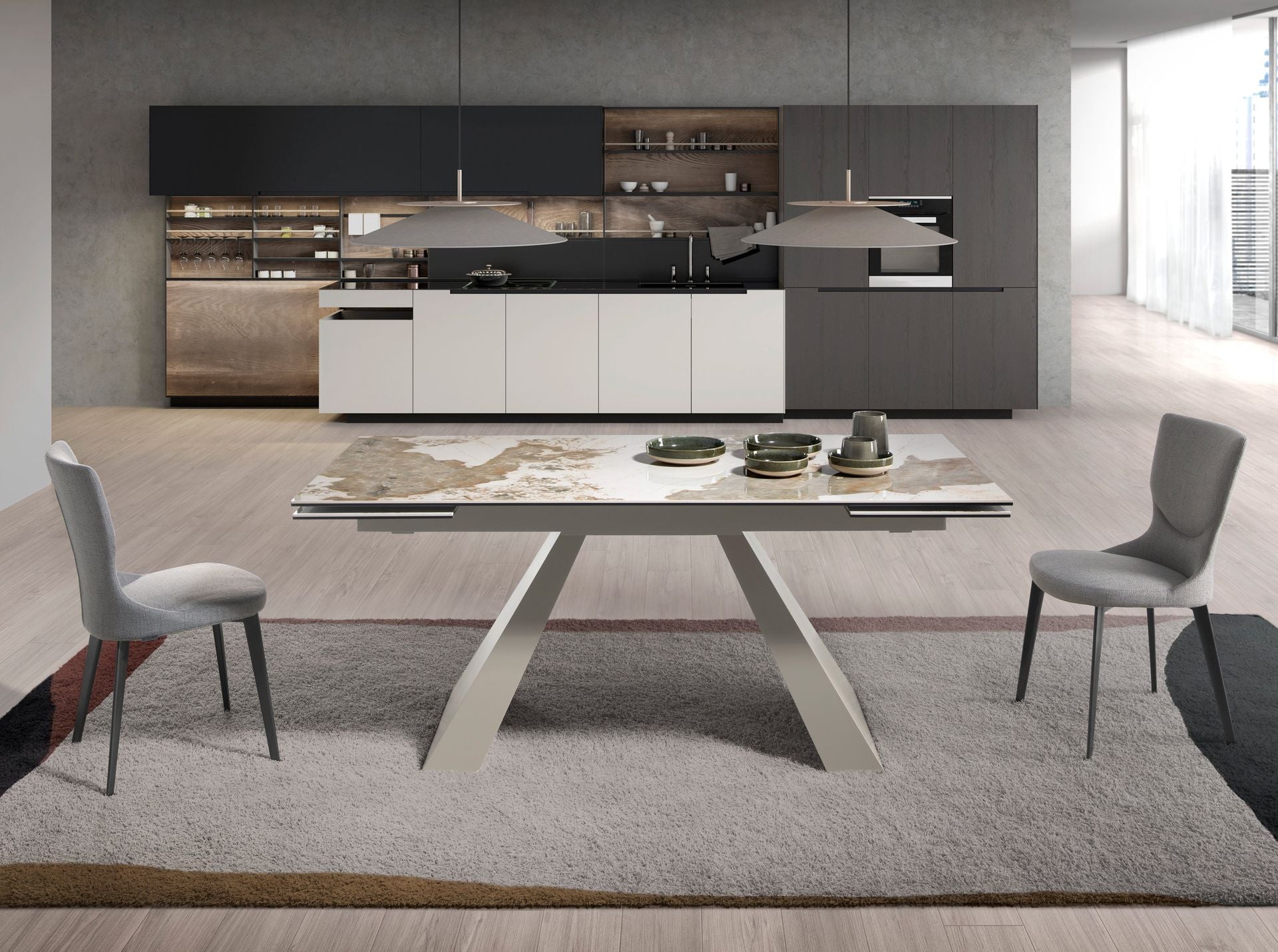 Tavolo da pranzo rettangolare allungabile in marmo porcellanato e acciaio grigio tortora