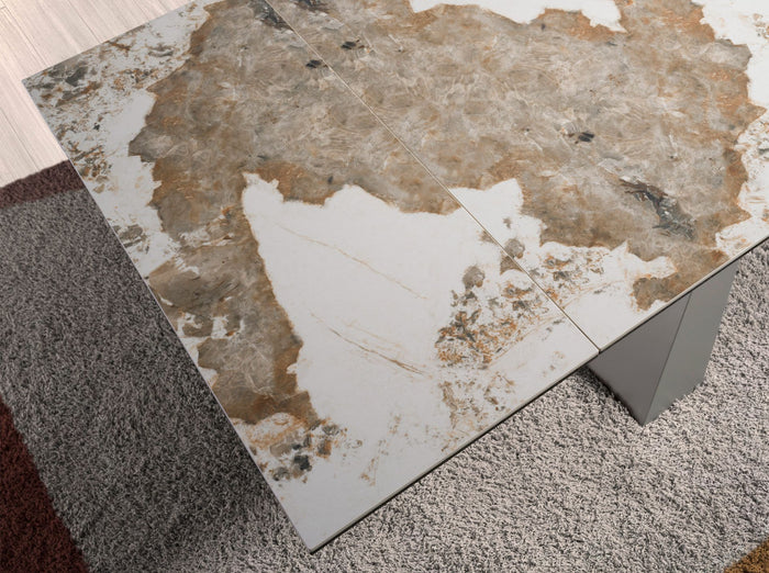 Tavolo da pranzo rettangolare allungabile in marmo porcellanato e acciaio grigio tortora