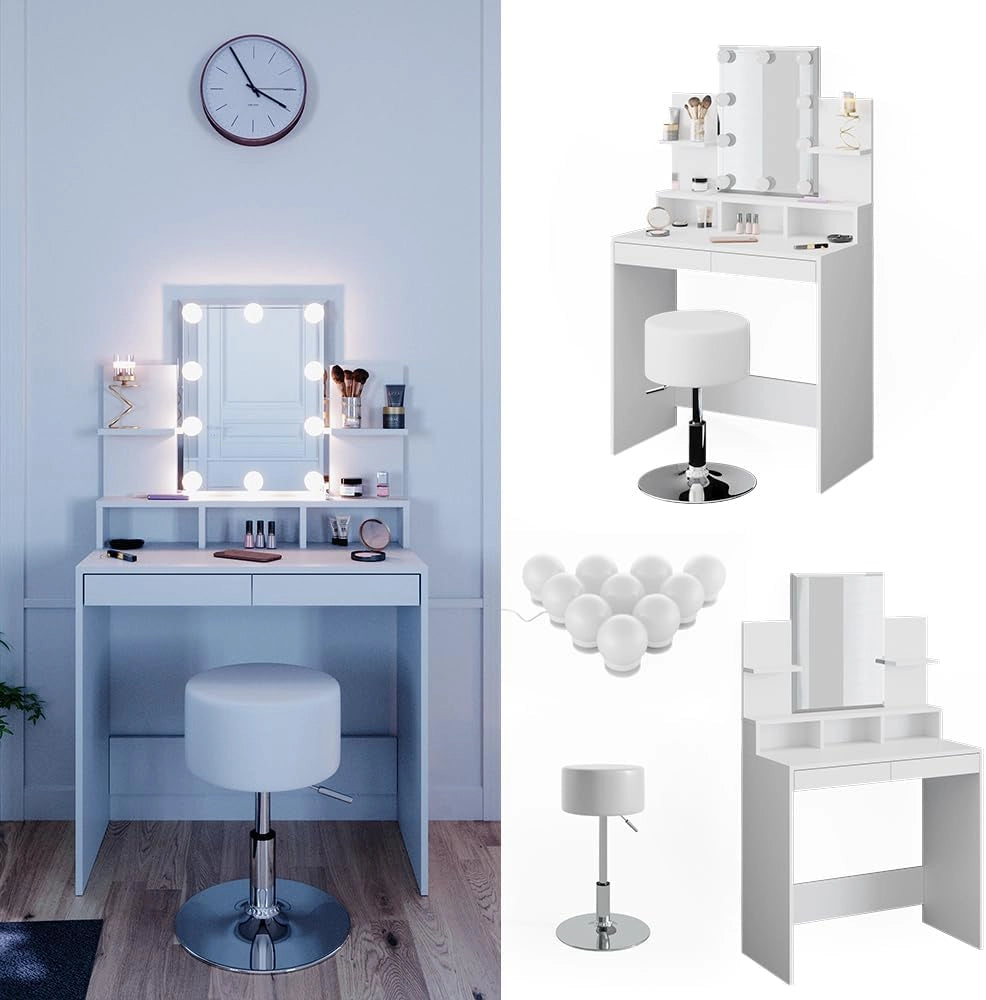 Tavolo da toeletta Ania, Bianco, 80 cm con illuminazione LED e sgabello, Salvaspazio e funzionale allo stesso tempo