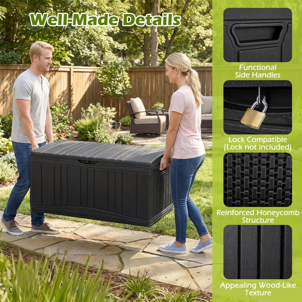 Scatola da giardino da 300 l, impermeabile con coperchio, contenitore per cuscini in plastica, contenitore XXL per cuscini, attrezzi da giardino e giocattoli per bambini (nero)