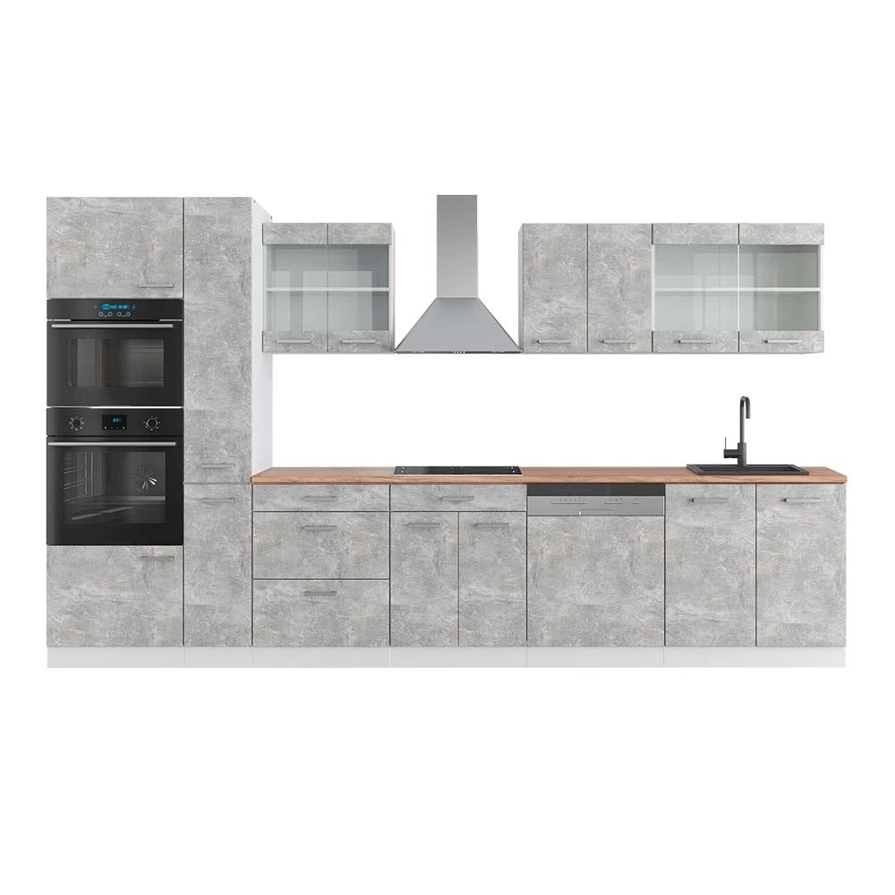Mobile da cucina R-Line Calcestruzzo/Bianco 350 cm con armadio alto, PL Rovere Vicco