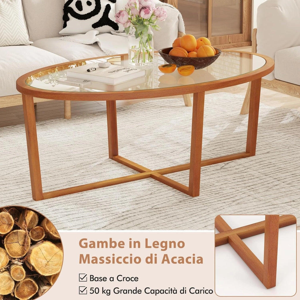 Tavolino da Caffè per Salotto, Tavolino Basso Ovale in Vetro Temperato e Legno di Acacia, Tavolino da Divano Moderno per Soggiorno, 118 x 71,5 x 47,5 cm, Naturale
