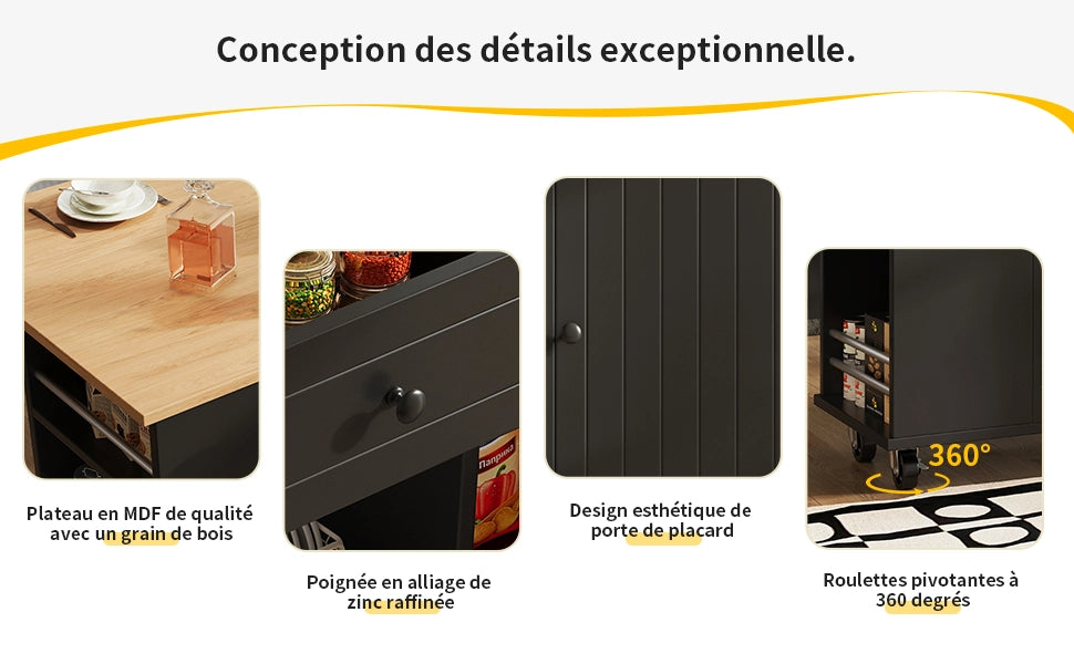 Isola Cucina con Ripiani e Portabottiglie ¨C Xylo ¨C Nero, Piano in Legno