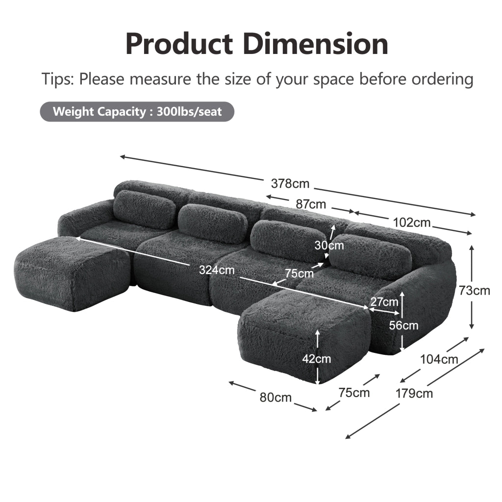 OKWISH Divano Modulare a U, senza Montaggio, Configurazione Libera e Base Antiscivolo, Peluche, Grigio