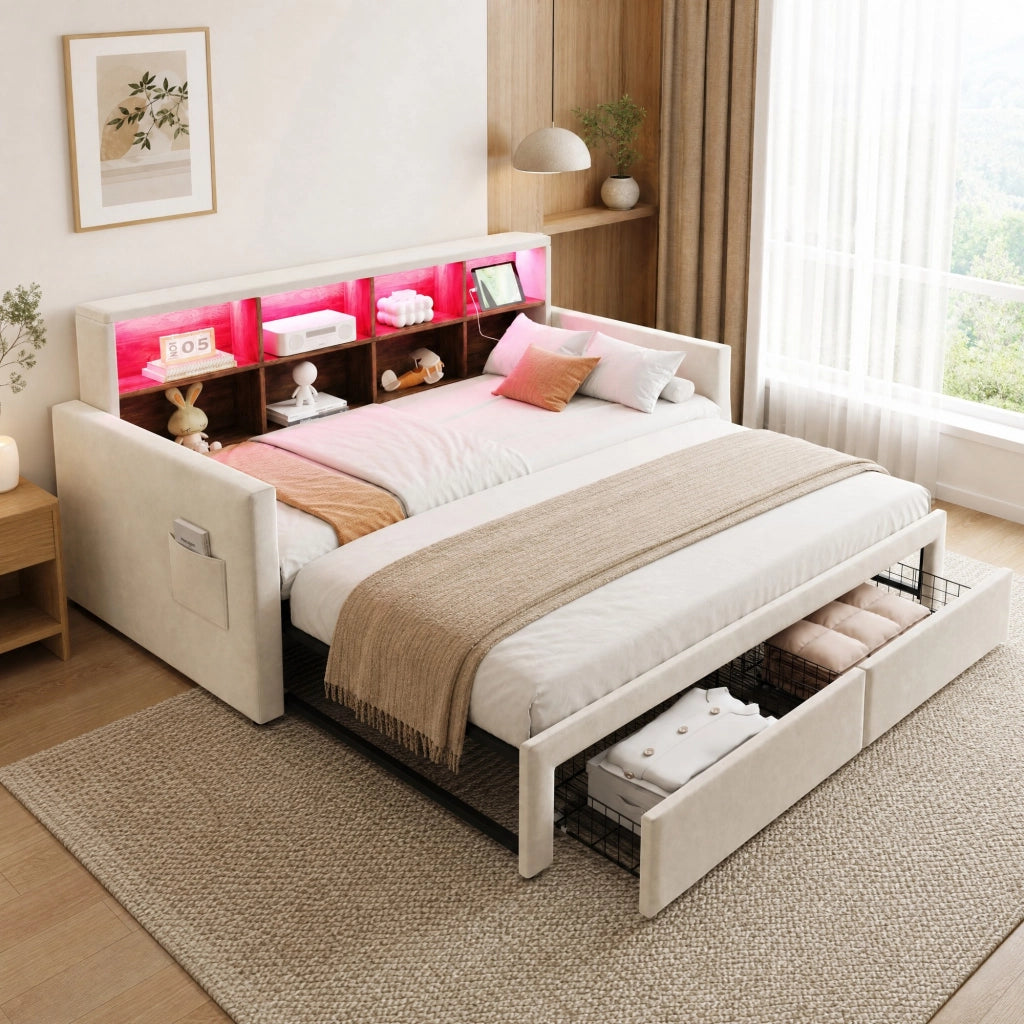DESMIU Divano Letto 90 × 190 cm 1 posto con LED, prese USB e Type-C, 2 cassetti, senza materasso, in velluto beige