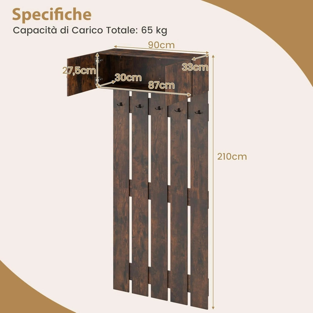 Appendiabiti da Parete per Ingresso, Attaccapanni in Legno con 5 Ganci Doppi e Armadietto a 2 Ante, Mensola Salvaspazio per Camera da Letto, Soggiorno e Cucina, 90 x 33 x 210 cm (Marrone)