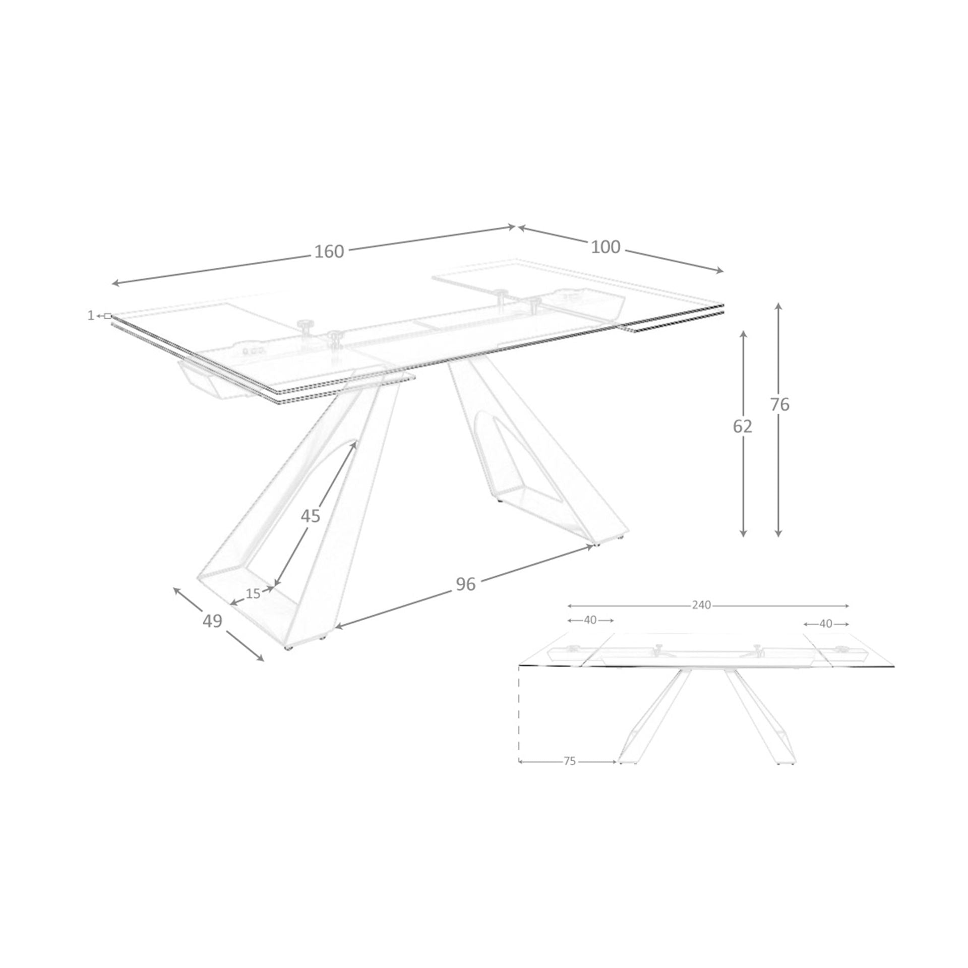 Tavolo da pranzo rettangolare allungabile in vetro temperato e acciaio grigio tortora