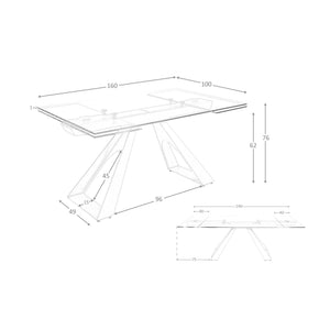 Tavolo da pranzo rettangolare allungabile in vetro temperato e acciaio grigio tortora