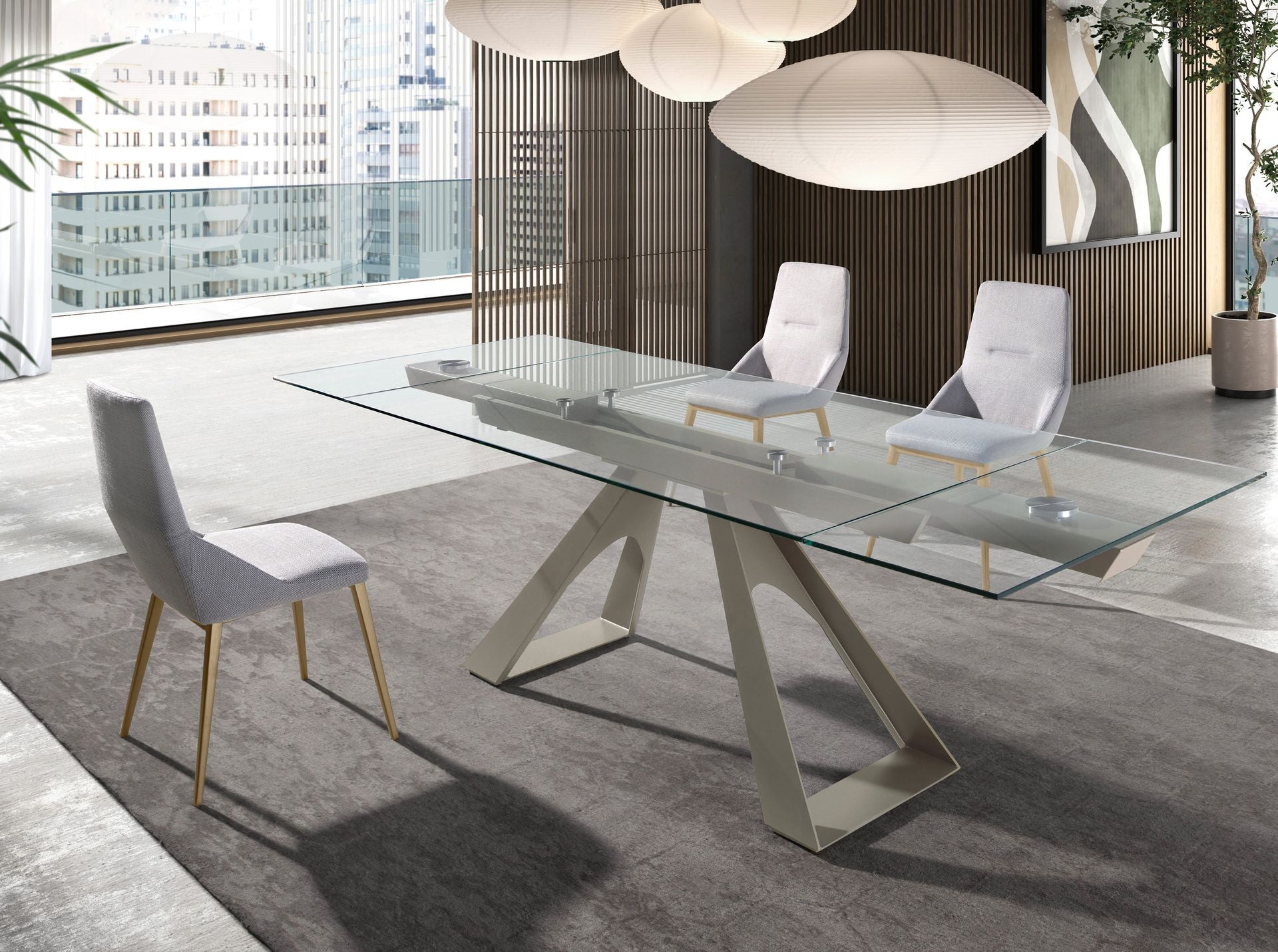 Tavolo da pranzo rettangolare allungabile in vetro temperato e acciaio grigio tortora
