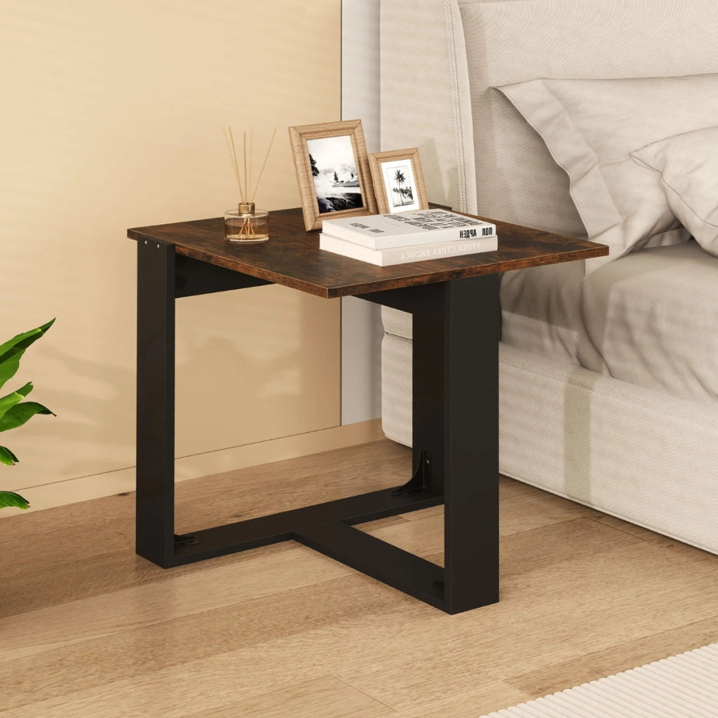 Tavolino quadrato con base in metallo a forma di T per piccoli spazi, Tavolino da salotto per soggiorno camera da letto Marrone-Tavolini da salotto