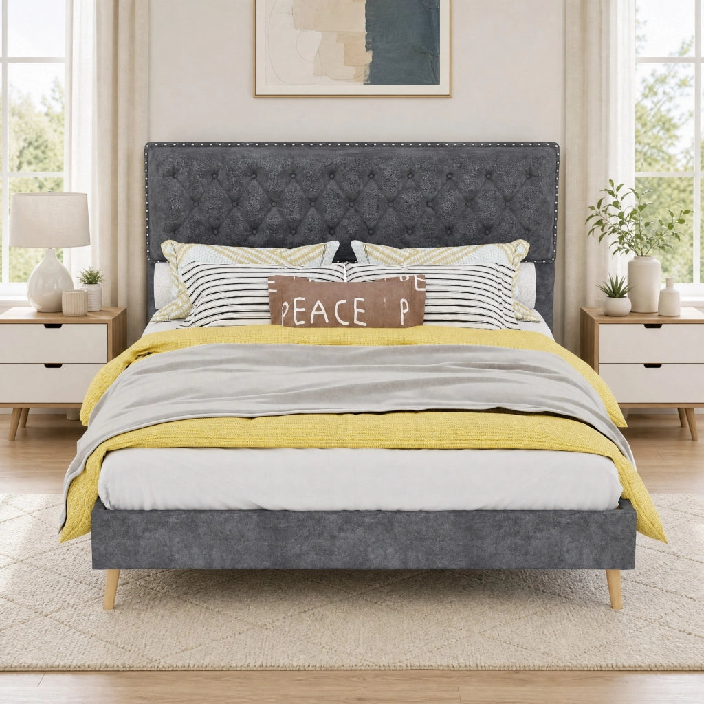 Letto imbottito 140x200 cm grigio con testiera alta e rete a doghe