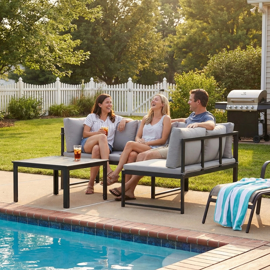 Set 3 Pezzi da Giardino con Divano Angolare Modulabile 4 Posti e Tavolino a Doghe in Metallo e Poliestere Grigio