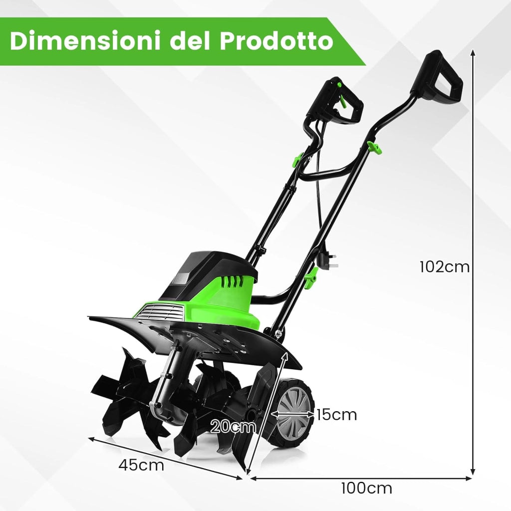 Motozappa Elettrica 1500W, Zappatrice Elettrica con Maniglia Pieghevole, Ruote Regolabili, 6 Lame, Velocità 400 PRM, Profondità 22 cm, Larghezza 43 cm (Verde, 1500 W)