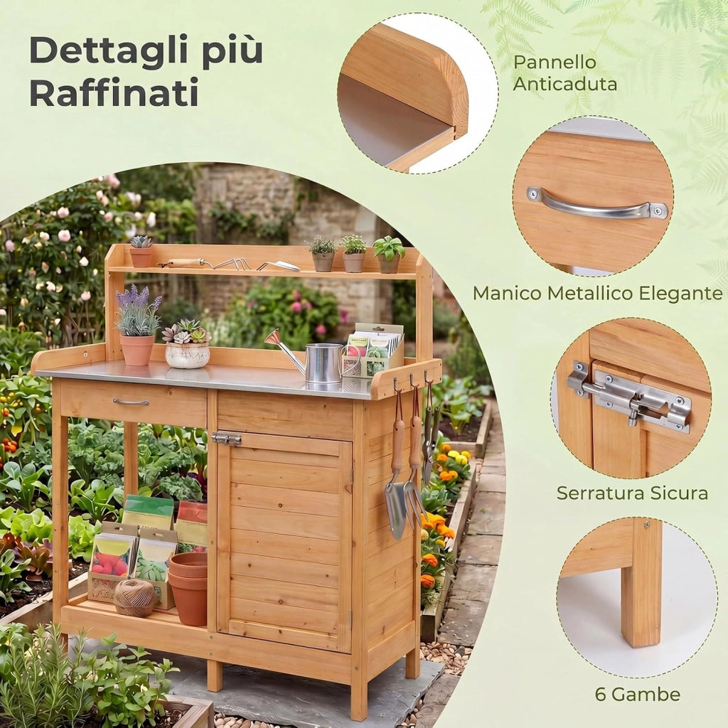 Tavolo da Giardinaggio in Legno con Piano in Acciaio (Legno) | Tavolo per Piante con Ripiani Aperti, Armadietto, Cassetto e 3 Ganci, Banco da Lavoro per Giardino e Balcone, 112x46,5x125 cm